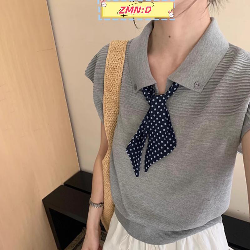 ZMN:D แฟชั่น Casual รอบ Ne สไตล์วิทยาลัยนักเรียนถักเสื้อยืดสําหรับผู้หญิง RRT