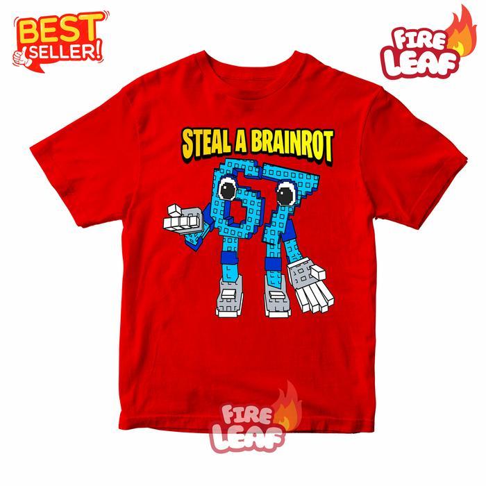 เสื้อยืดเด็ก BAJU KAOS ANAK 67 KID STEAL A BRAINROT ROBLOX - MERAH, S 100-150㎝ Roblox Six Seven 67
