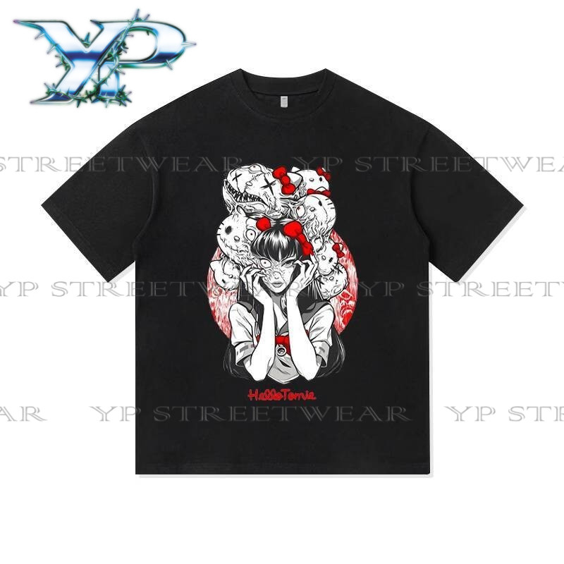 จัดส่ง 24 ชม. Junji Ito Hello Kitty แบรนด์ร่วม Tomie เสื้อยืดคุณภาพสูงสไตล์อเมริกัน Unisex
