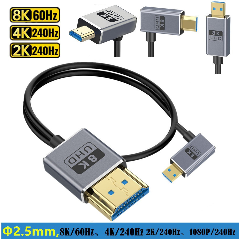 90 องศา Micro HDMI Male to HDMI Male 2.1 Coaxial Cable 0.3 m/0.6 m/1.2 m 4K@120Hz 8K @ 60Hz สําหรับก