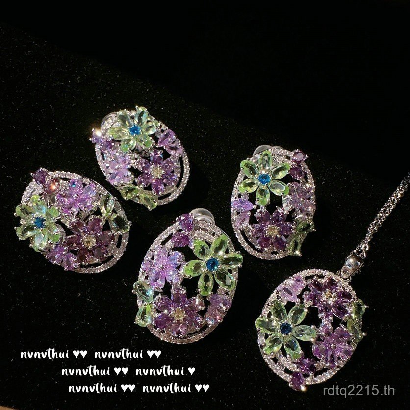 ต่างหูและสร้อยคออัญมณี Sulfby Margarita Rainbow Zircon Plated 18k ดีไซน์วงแหวนดวงอาทิตย์และลายดอกไม้