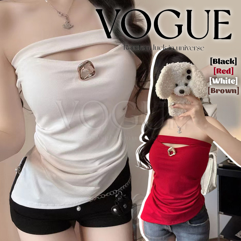 Vogue🌟พร้อมส่ง🌟 เสื้อเกาะอก ติดอะไหล่ทอง เข้ารูป มีฟองน้ำใส่สบาย ดีเทลย้นๆตรงเอว (FY10171)