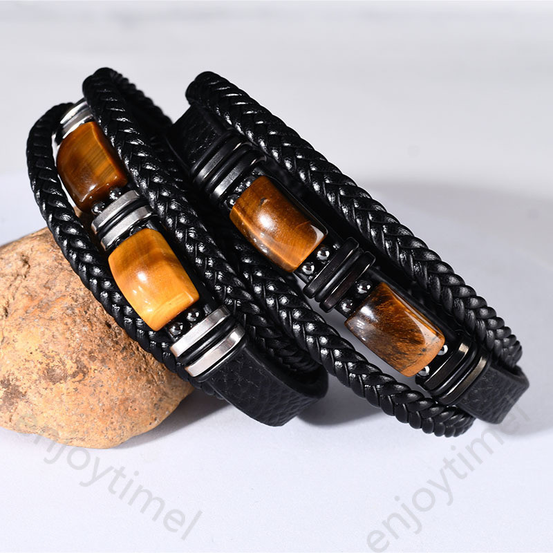 ขายร้อน Tiger-Eye สร้อยข้อมือผู้ชาย Multi-Layer เชือกสร้อยข้อมือหนังสร้อยข้อมือหินสร้อยข้อมือหัวเข็มขัดแม่เหล็กผู้ชาย Accessories