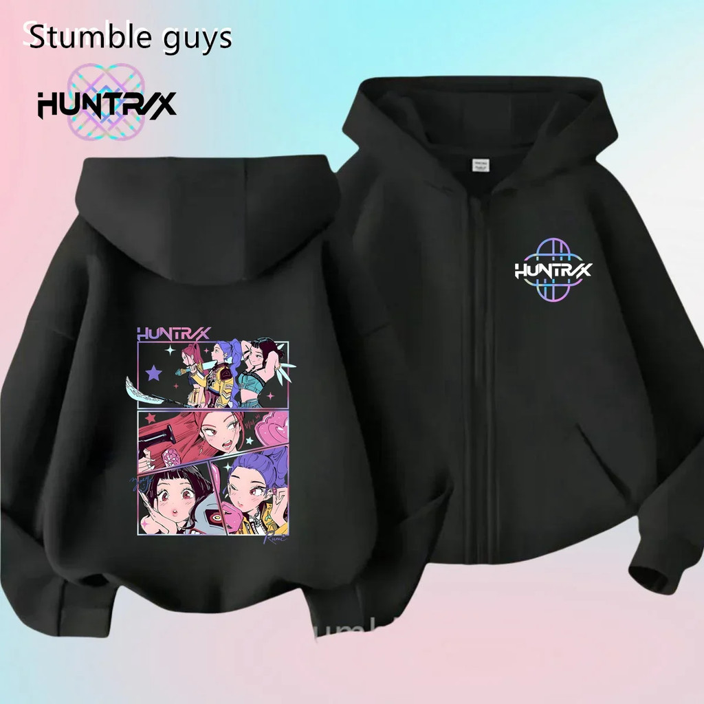 🍂 เสื้อฮู้ดแขนยาวผ้าฝ้ายฟลีซลาย Demon Hunters จาก KPop สำหรับเด็กผู้ชายและเด็กผู้หญิง เสื้อกันหนาวลำลองอบอุ่นส 120-150CM