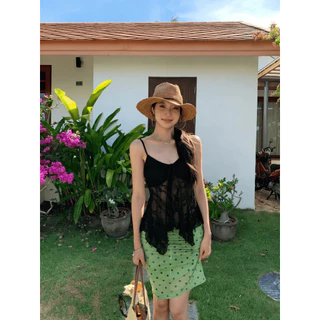 KUMI พร้อมส่ง เสื้อสายเดี่ยว เสื้อครอป ช่างหายใจ สุดเซ็กซี่ ผ้าเลซ ท็อปส์ผ้าลูกไม้นุ่มนวลโปร่งแสง เซ็กซี่สไตล์คลาสสิก