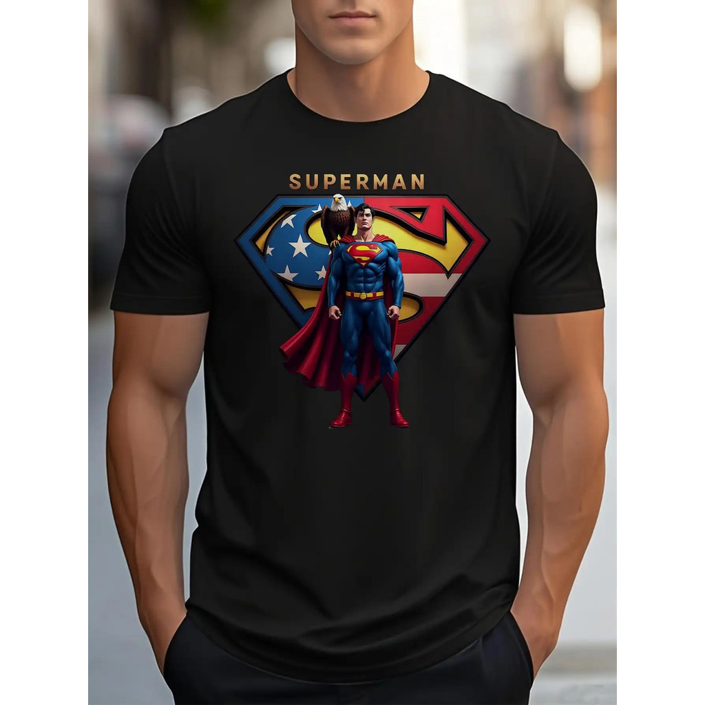 ทีเชิ้ตกราฟิกซูเปอร์แมนถือโลกสำหรับผู้ชาย - เสื้อยืดคอกลมผ้าฝ้าย 100% หนัก สีดำ ความยุติธรรม