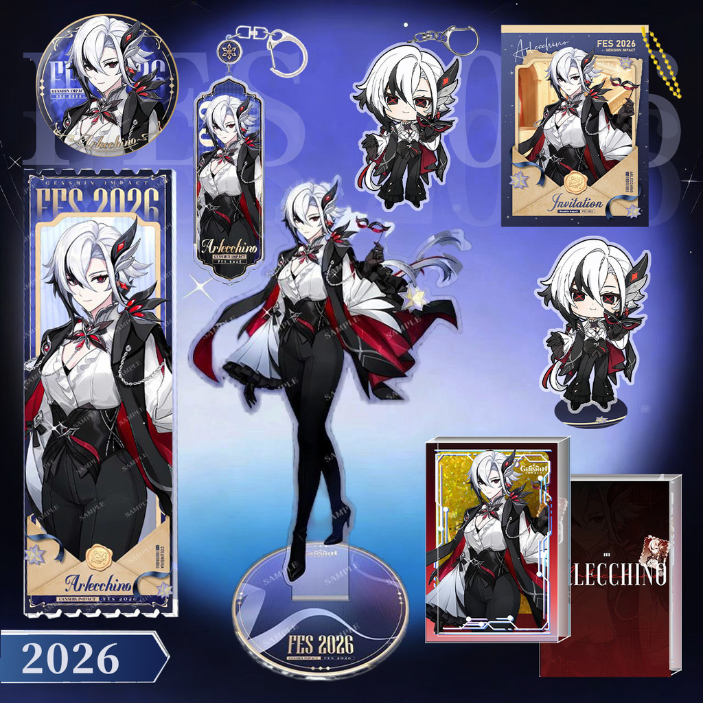 ✨Genshin FES 2026 Arlecchino / Knave✨ ชุดของขวัญเกมอนิเมะ 8 ชิ้น Anime Game Gift Set Collection, Acrylic Stand/Badge/Pendants/Quicksand Mahjong