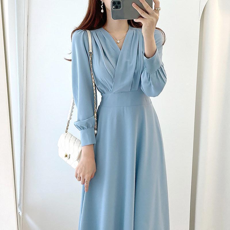 blue long sleeve dress เดรสฟ้าวันแม่ สาวอวบ เดรสผู้หญิง เกาหลี คุณหนู สบายๆ สุภาพ new 2026