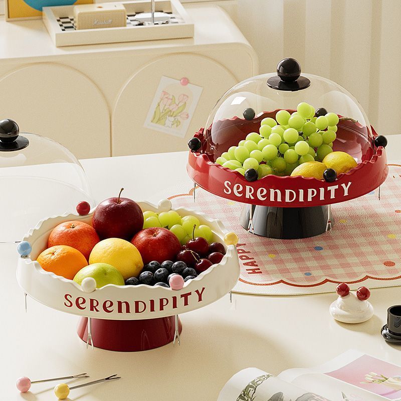 新水果篮糖果果盘零食点心盘家用摆提手果篮水果盘果篮带叉可爱2.1New Fruit Basket Candy Plate Snack Dessert Plate Household Display H