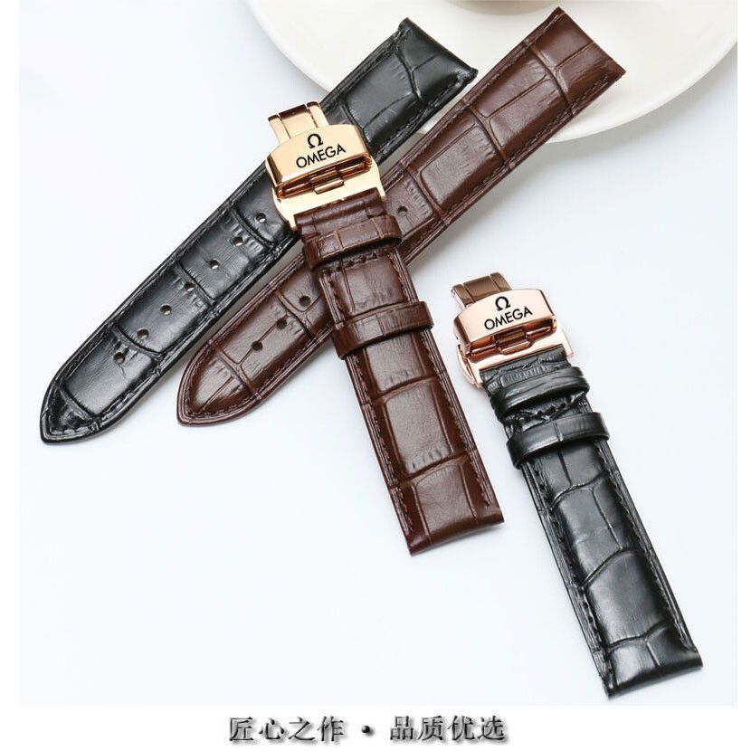 Strap Omega Butterfly Pegasus 300 Speedmaster Unisex Strap 20mm คุณภาพดั้งเดิม Cowhide หัวเข็มขัดผีเสื้อหนังแท้