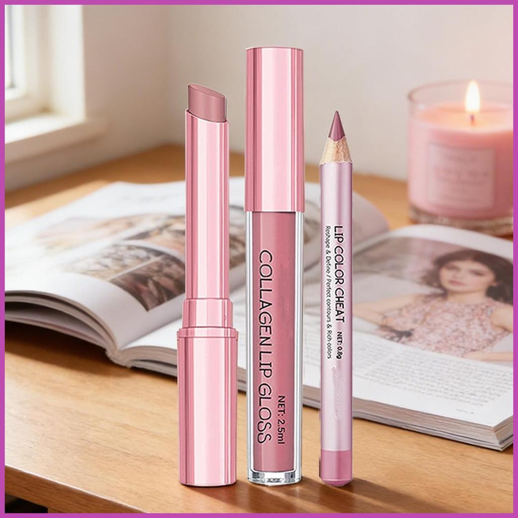 Lip Liner ลิปสติก Combo 3 ชิ้น Nude Creamy Matte แต่งหน้าอุปกรณ์ Neutral Lip Liner สําหรับ Day Night
