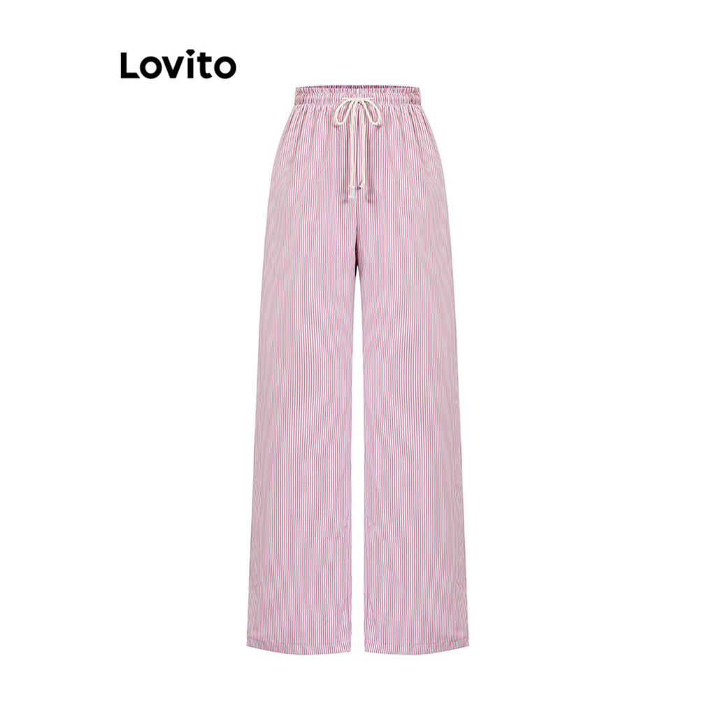 Lovito แคชชวล กางเกงผู้หญิง ลายทาง ผูกด้านหน้า สไตล์น่ารัก L102AD249