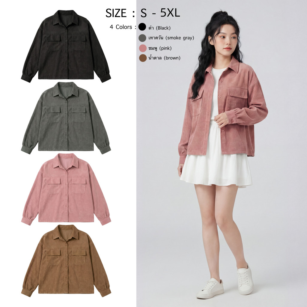 เสื้อคลุมผ้าลูกฟูก ทรงบอย ดีเทลกระเป๋าคู่สุดคูล ใช้งานได้จริง มีไซส์ S-5XL แมทช์ง่ายทุกลุค
