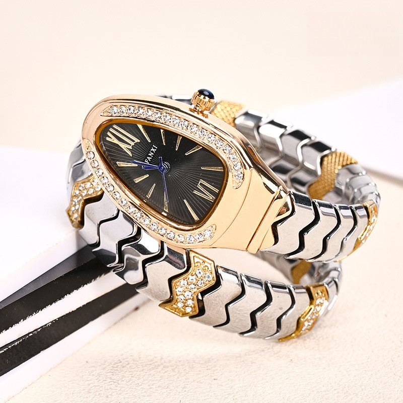 นาฬิการูปงูแฟชั่น Creative Two-Circle Steel Band นาฬิกาเพชรที่ไม่ซ้ํากันสุภาพสตรีนาฬิกาควอตซ์ผู้ชายผู้หญิง