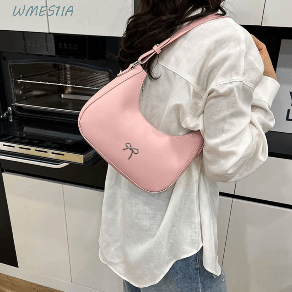WMES1IA Bowknot Underarm Bag, Sweet PU Leather Bowknot Armpit Bag, Fashion Luxury Korean Solid Color