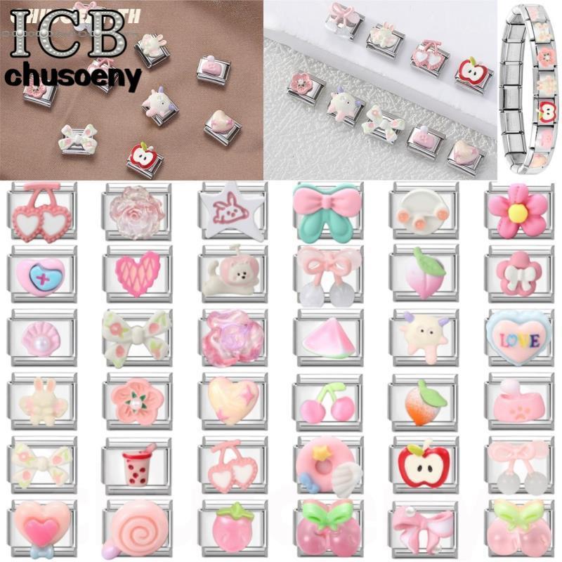 สร้อยข้อมือcharm แบบ3D สีชมพู dopamine bow Italian fit ขนาด9มม. จากสแตนเลส ใช้ประดับและปรับแต่งได้