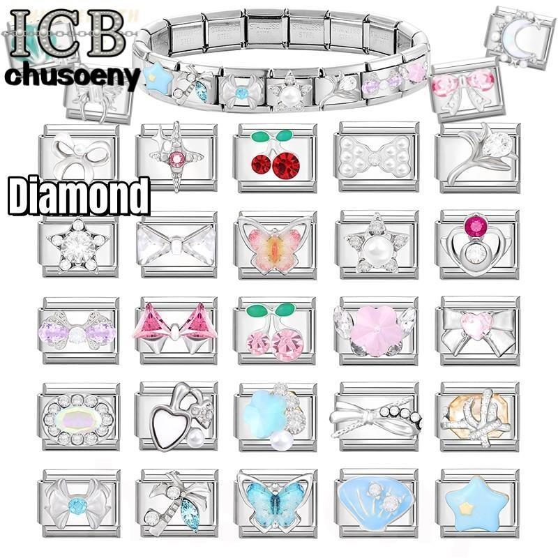 3D ยอดนิยมเพชรเชอร์รี่อิตาเลี่ยน Charm Links Fit 9 มม.สร้อยข้อมือสแตนเลสทําเครื่องประดับ