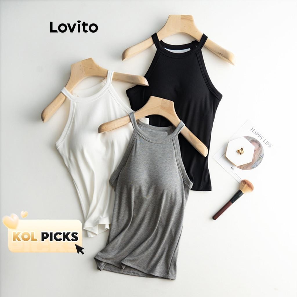 (KOL‘s pick) Lovito เสื้อกล้ามผู้หญิง มีซับตรงอก สีพื้น สไตล์ลำลอง LNL36137 (สีกากี/สีแอปริคอท/สีเทา