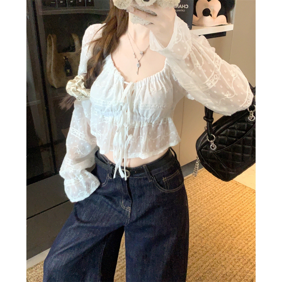 MATAHARI Verve ตู้เสื้อผ้าป้องกันแสงแดดสําหรับผู้หญิงฤดูร้อนพร้อมแขนโคมไฟเย็บปักถักร้อยลูกไม้ V คอแล