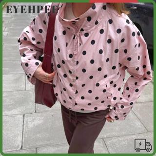 EYEHPEE เสื้อแขนยาวลายจุด สไตล์ลูกไม้สีชมพู ปุ่มเรียงแถวเดีย…