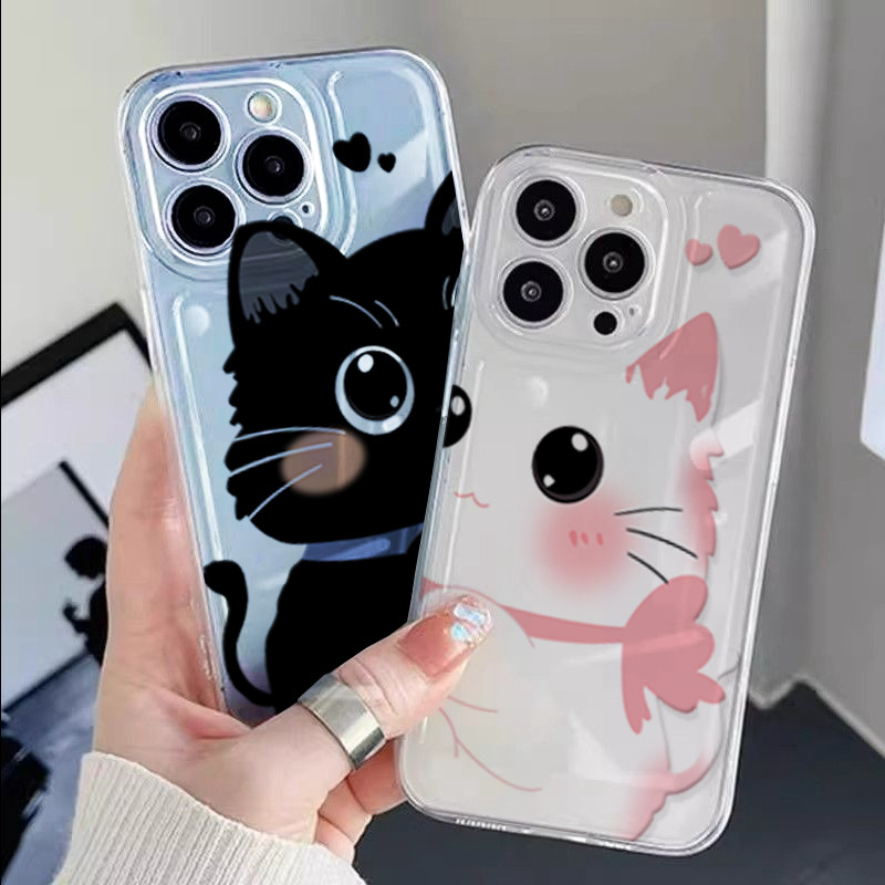 สําหรับ iPhone 17 Air 16 15 Pro Max XS Max XR X 6 6S 7 8 Plus ตลกแมวดําคู่น่ารักการ์ตูนซิลิโคนอ่อนนุ