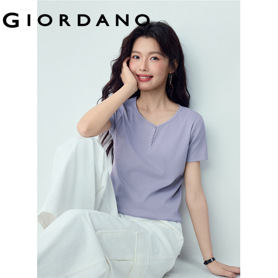 GIORDANO WOMEN Henley neck short sleeve slim rib tee 05326468