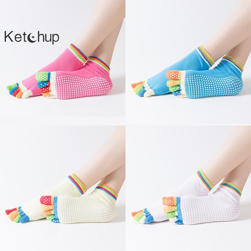 [Ktchup-t] 1 คู่สีลูกกวาดโยคะ Sos Rainbow Five-toe Split Professional Non-slip Dancers Sos การฝึกอบร