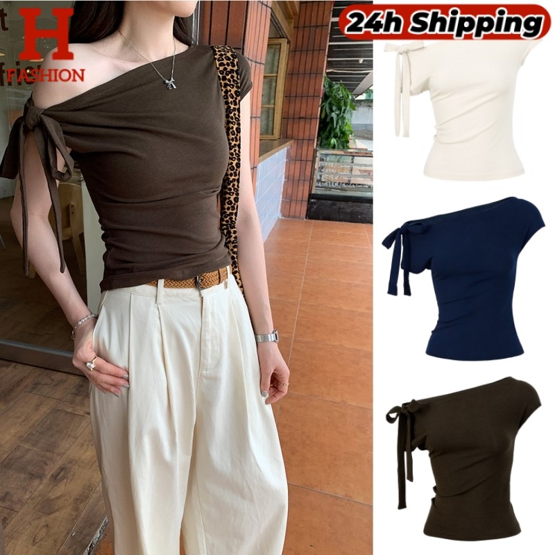 HOT 'พร้อมส่ง' เสื้อยืดแขนกุด เปิดไหล่ ดีเทลผูกโบว์ สีพื้น ใส่ได้2แบบ มีฟองน้ำ FY5179