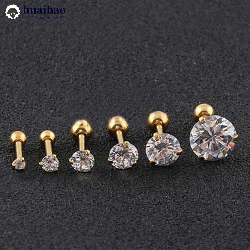 HUAIHAO ต่างหูกระดูกอ่อนสแตนเลส สไตล์ CZ 3 พวง Tragus พร้อมคริสตัล Zircon ลาย Gold Clear E4R9