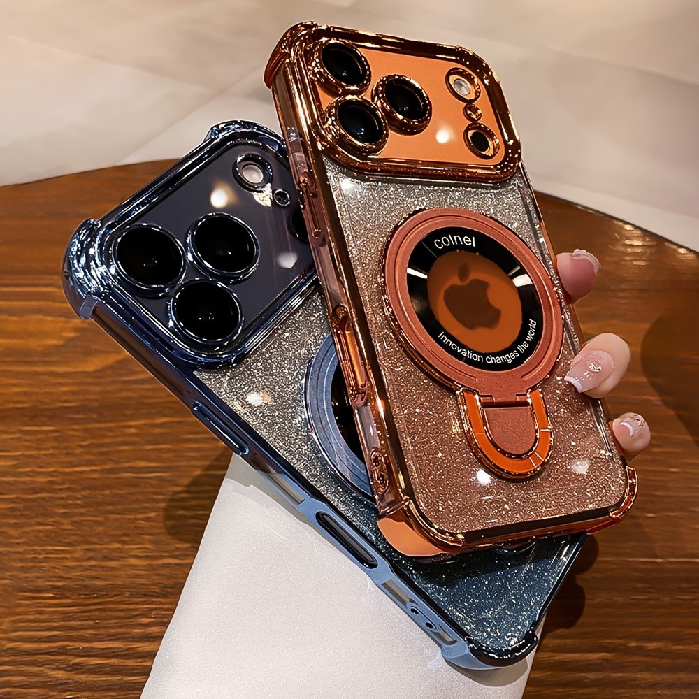 ใหม่Super Shock-Resistant Bracketไฟฟ้าเลเซอร์Glitterเคสโทรศัพท์เหมาะสําหรับiPhone 17 16 15 14 13 12 11 Plus Pro Max Air Shock-Resistantป้องกันกรณี,พร้อมวงเล็บ,ของขวัญชาร์จไร้สายสําหรับเด็ก