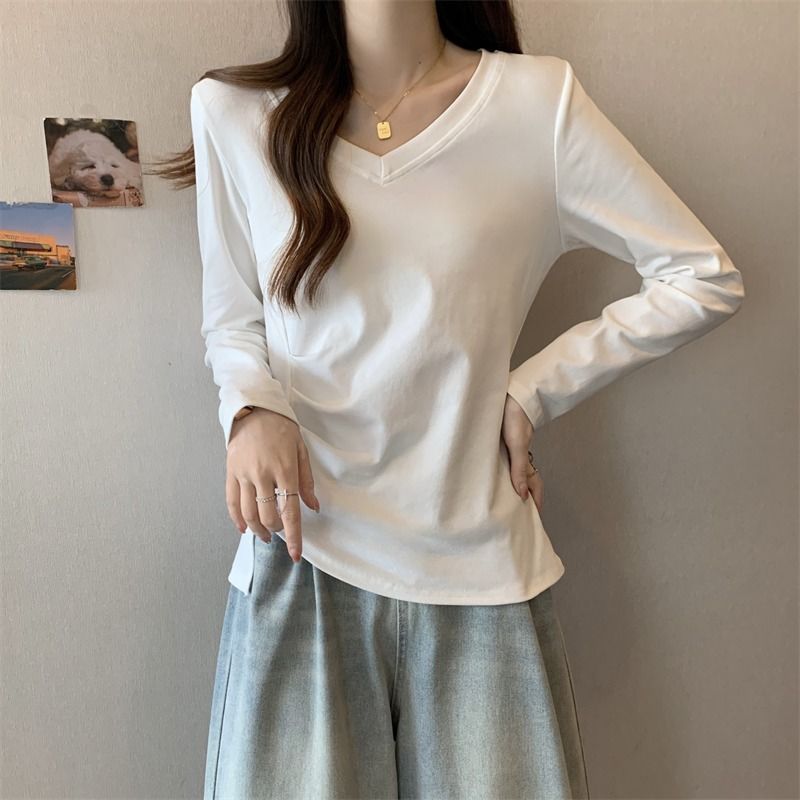 Top cod สไตล์ใหม่ Bottoming แฟชั่นสีทึบไขมันคอปกเนื้อเสื้อ vmm ขนาดดู t แฟชั่นผู้หญิงใหญ่บางแขนยาวฤด