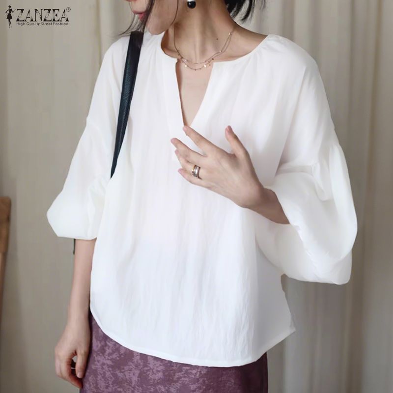 เบลาส์ทรงหลวมคอวีสำหรับใส่ลำลองสไตล์เกาหลี ZANZEA — صورة 4