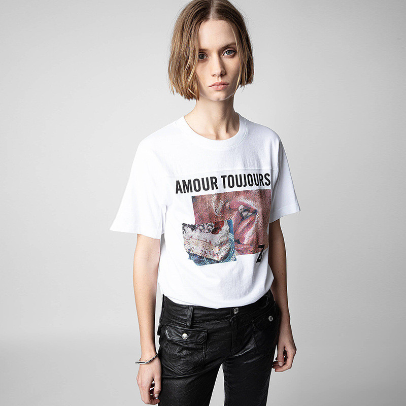 UA0T ZADIG&VOLTAIRE 23Summer new French niche style short-sleeve top with tongue-kissing cake white 