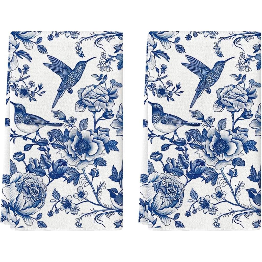 โหมด Artoid Blue Hummingbird ดอกไม้ผ้าเช็ดตัวห้องครัวจานผ้าเช็ดตัว, 18x26 นิ้ว Farmhouse Royal Blue 