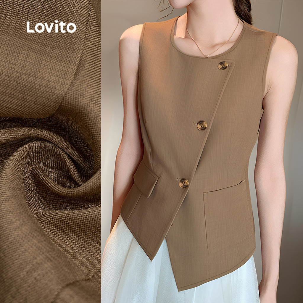 Lovito  เสื้อลําลองผู้หญิงฤดูใบไม้ผลิ/ฤดูร้อนปกปุ่มไม่สมมาตรกระเป๋าปลอมสีคากิ L178ED2146 ราคา ถูกที่สุด ดีลบีเคเค