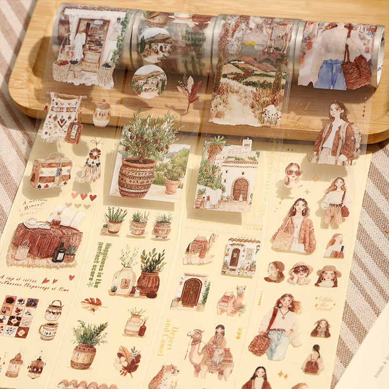 นาย กระดาษ 200 ซม./ ม้วนเทป PET สไตล์โบฮีเมียนฝรั่งเศสการเดินทางและวันหยุดสาวรูปแบบตัวอักษรวางแผนเทปพื้นหลัง DIY การ์ดอวยพรถ้วยกรอบรูปไดอารี่โน๊ตบุ๊คตกแต่ง
