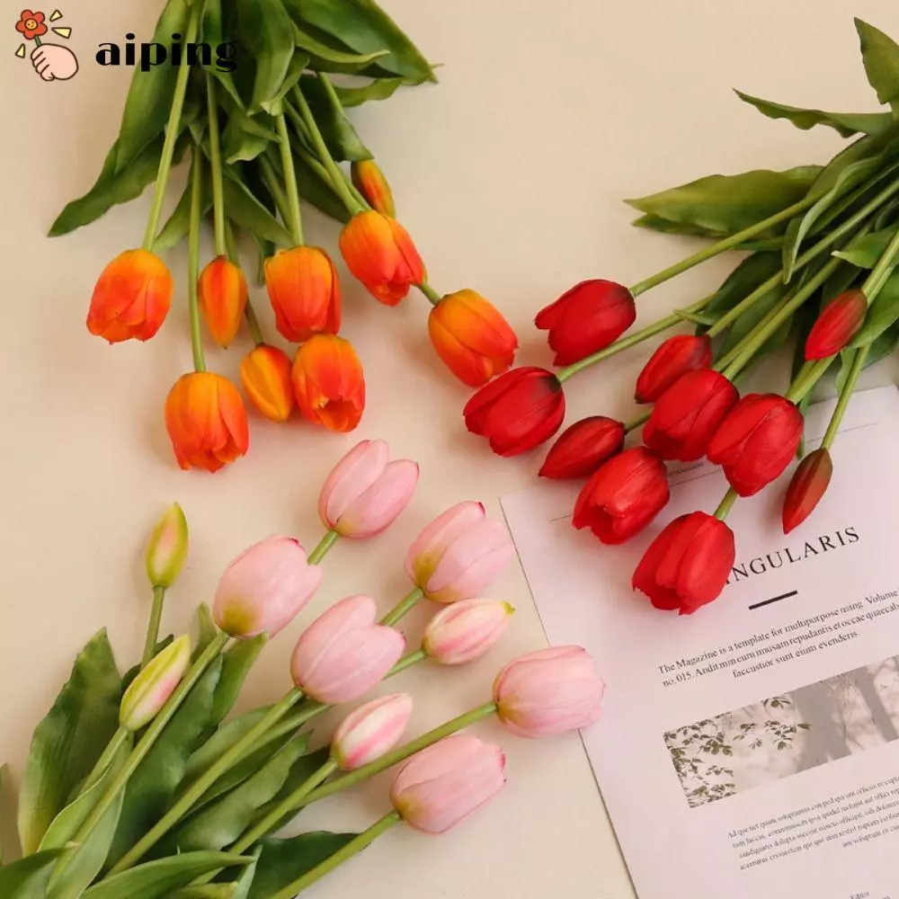 Aiping ดอกไม ้ ปลอม , คุณภาพสูง 5 หัวทิวลิปช ่ อดอกไม ้ , สัมผัสจริงซิลิโคนตกแต ่ งบ ้ าน
