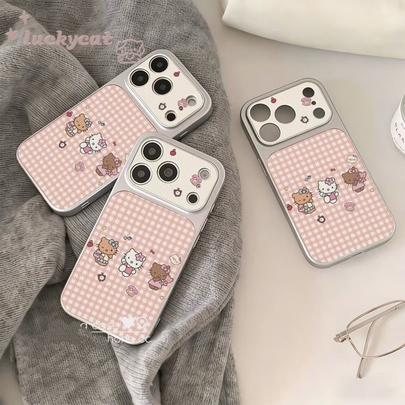 Insน่ารักสีชมพูGirdสามKTแมวหนังเคสโทรศัพท์สําหรับiPhone 17 16 15 14 13 12 11 Pro Max X Xr Xs Max