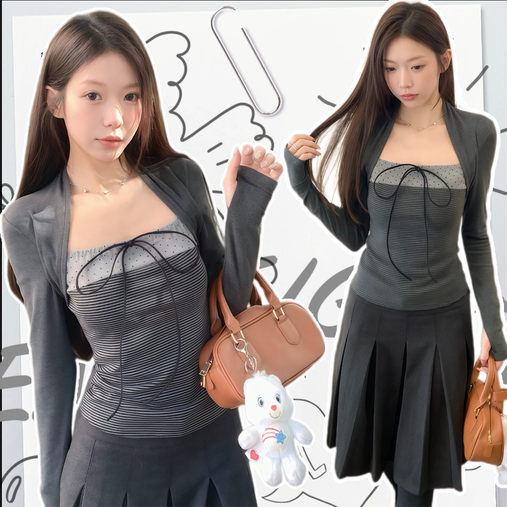 BIK พร้อมส่ง เสื้อแขนยาวผู้หญิง เข้ารูป ตกแต่งโบว์น่ารัก