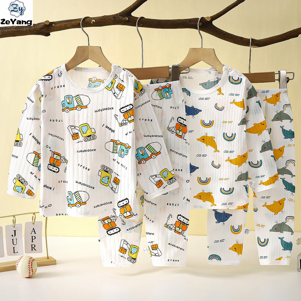 ชุดลำลองสำหรับเด็กจากผ้าฝ้ายแท้ ขนาด 60-130 เสื้อยืดแขนยาวบางสำหรับทารกและชุดนอนแฟชัน