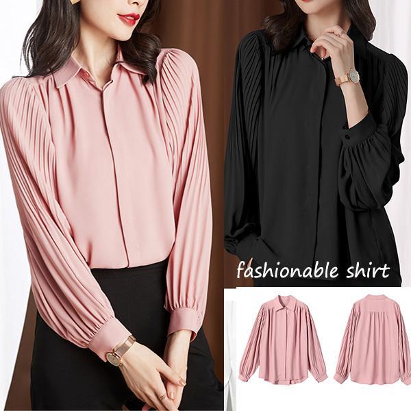 mimi&didi#เสื้อแขนยาวสีชมพู ทรงแขนโคมไฟ ดีไซน์จับจีบ สไตล์ฝรั่งเศสเก๋ เรียบง่าย ทรงหลวม สีพื้น สำหรับผู้หญิง#W705