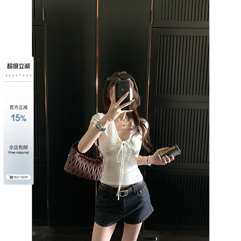 [Rayon270Gram]Lace sniper Lace-up, lace-trimmed, pure-desire style for hot girls T Women's summer sh