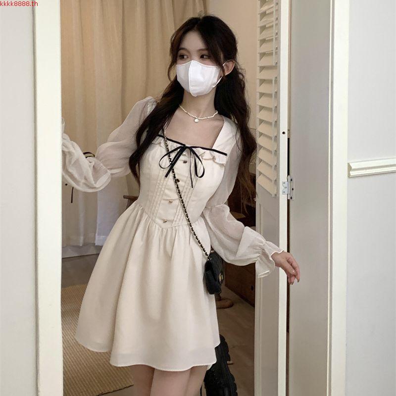 [HSNE] มินิ เดรสสีขาว ชุดน่ารักสไตล์เกาหลี เจ้าหญิง กระโปรงสาวอวบ กระโปรงทรงเอ ชุดราตรี เดรสคอเหลี่ย