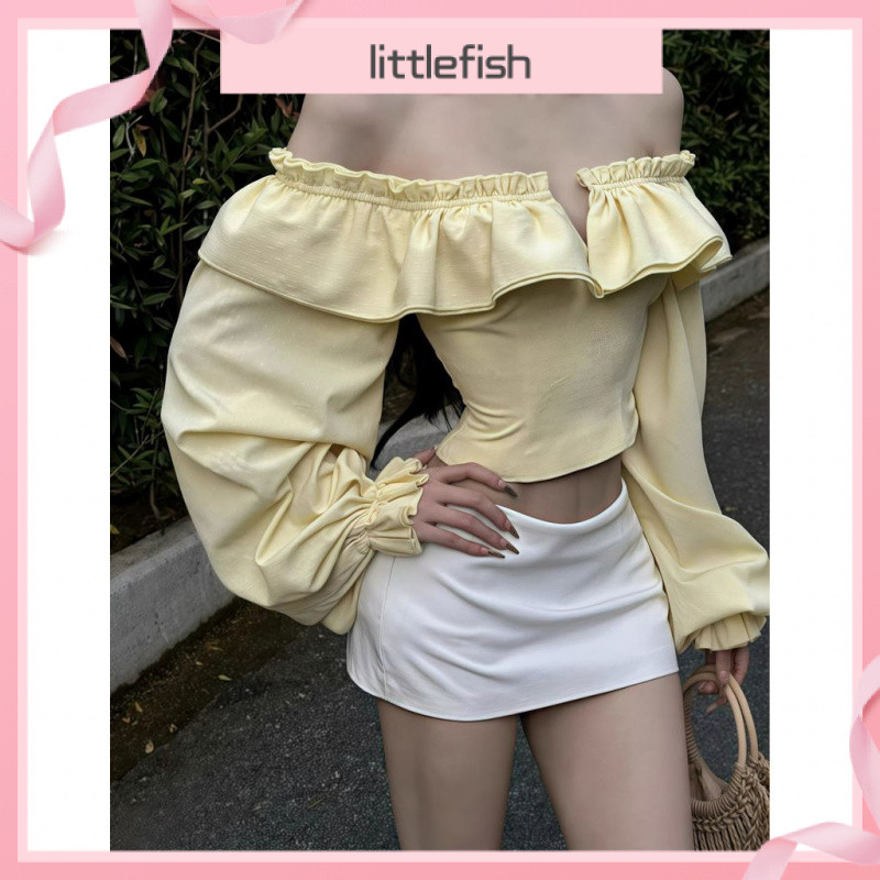 [Littlefish] ตัวเสื้อแบบไหล่เดียวแขนปอมพ์สำหรับผู้หญิง ฤดูใบไม้ผลิ ทรงกระชับเอว สไตล์แฟชั่นฝรั่งเศส