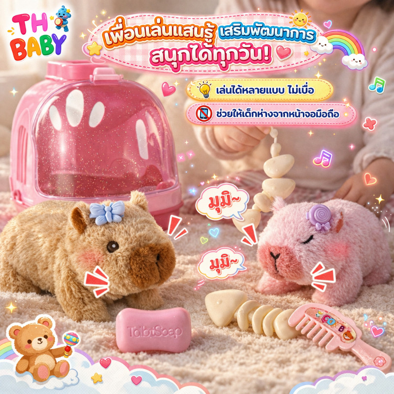 TH BABY capybara ของเล่นไฟฟ้า ขนนุ่ม ชาร์จได้ ของเล่นอัตโนมัติ น่ารัก สนุก ของขวัญสำหรับเด็ก