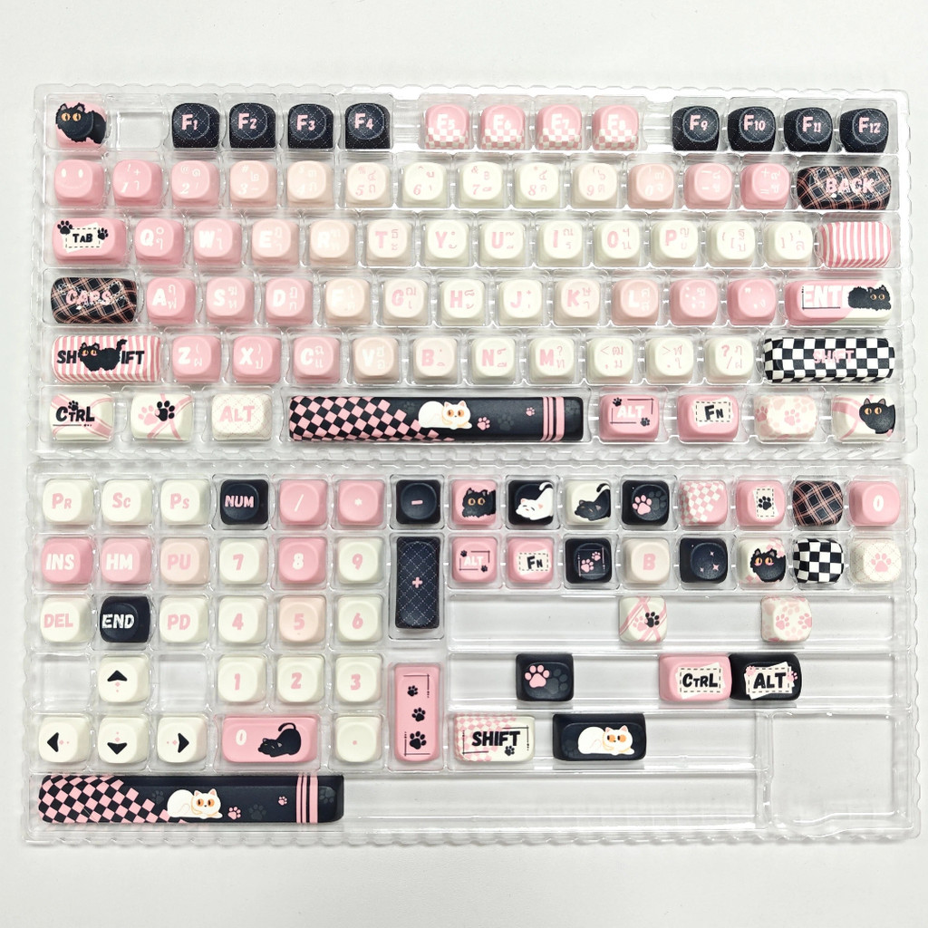 Thai Language Pbt Keycap MOA ลากขนาดเล็กแมวหวานเย็นสีดําธีมสีชมพูรอบ Keycap Dye Sublimation ปรับให้เข้ากับ 61/64/67/68/71/75/78/82/84/87/96/98/100/104/108