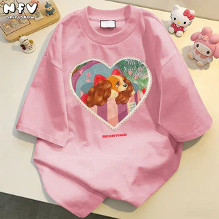 (จัดส่งตลอด 24 ชั่วโมง) NFV เสื้อยืดเกาหลี แขนสั้น นุ่ม ใส่สบาย ลายลูกสุนัขหัวใจ YG507