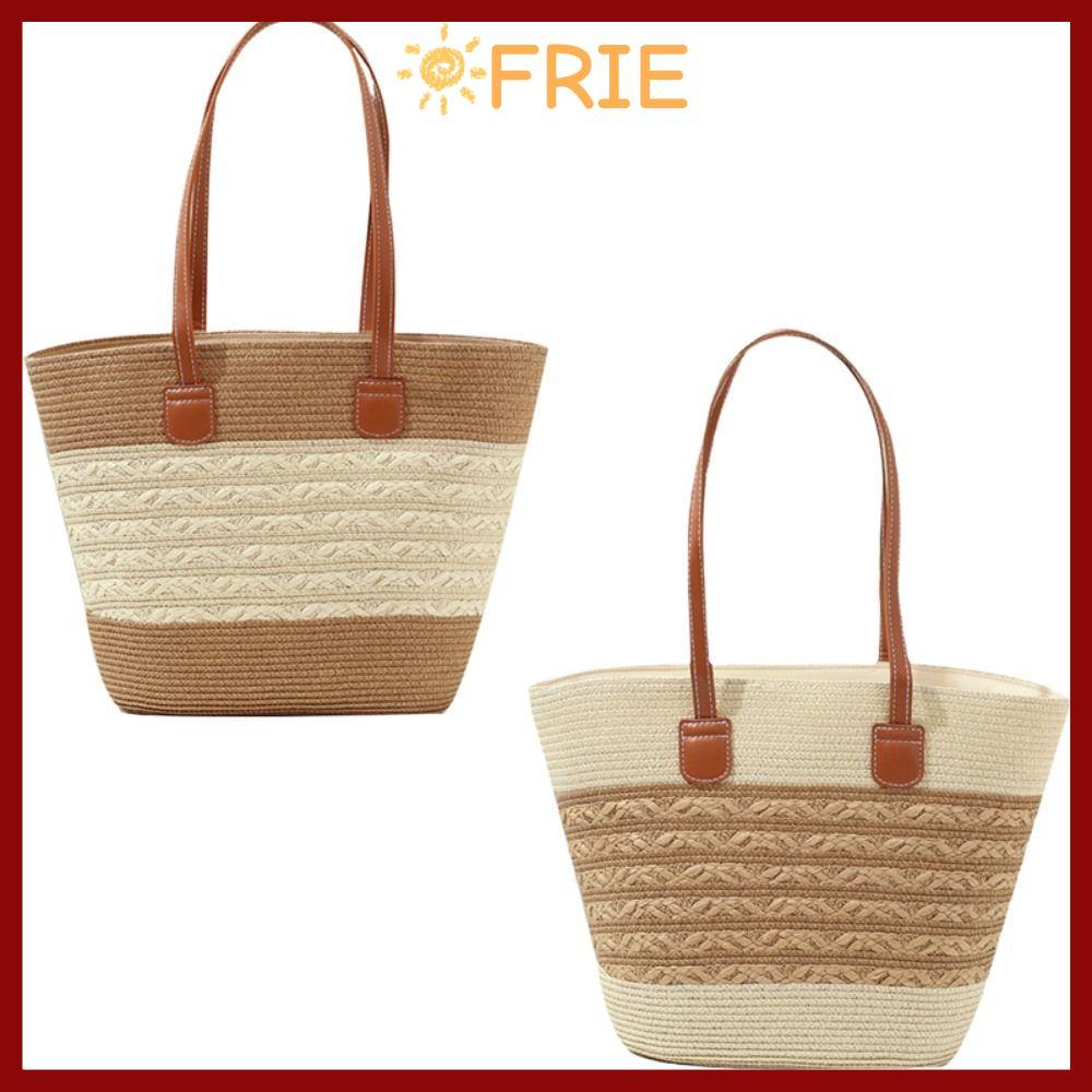 กระเป๋าสะพาย FRIE Totes Square Stripe ทำจากเส้นใยธรรมชาติ ความจุขนาดใหญ่ เหมาะสำหรับวันหยุดและความบันเทิงริมชายหาด