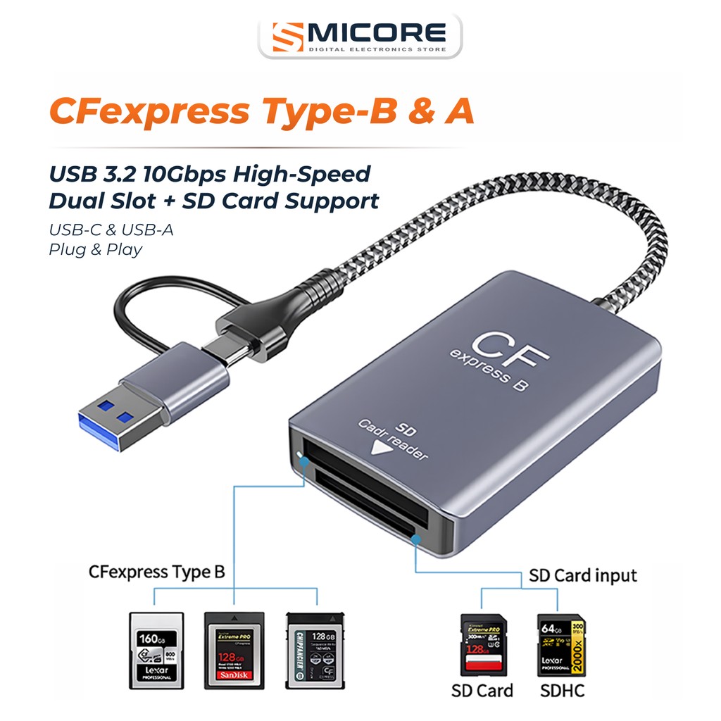 เครื่องอ่านการ์ด CFexpress Type-B/A + SD 3.0 USB3.2 10Gbps รองรับ 4K/8K RAW สำหรับกล้อง Nikon Canon 
