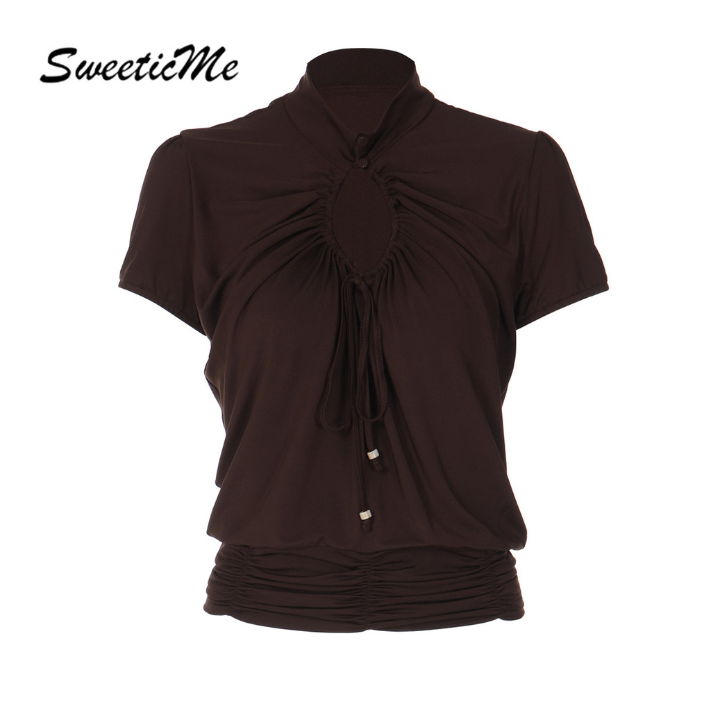 เสื้อยืดแขนสั้นสตรี SweeticMe ใหม่ปี 2026 สไตล์ฝรั่งเศส เซ็กซี่ ตัดเอวแบบพองครึ่ง